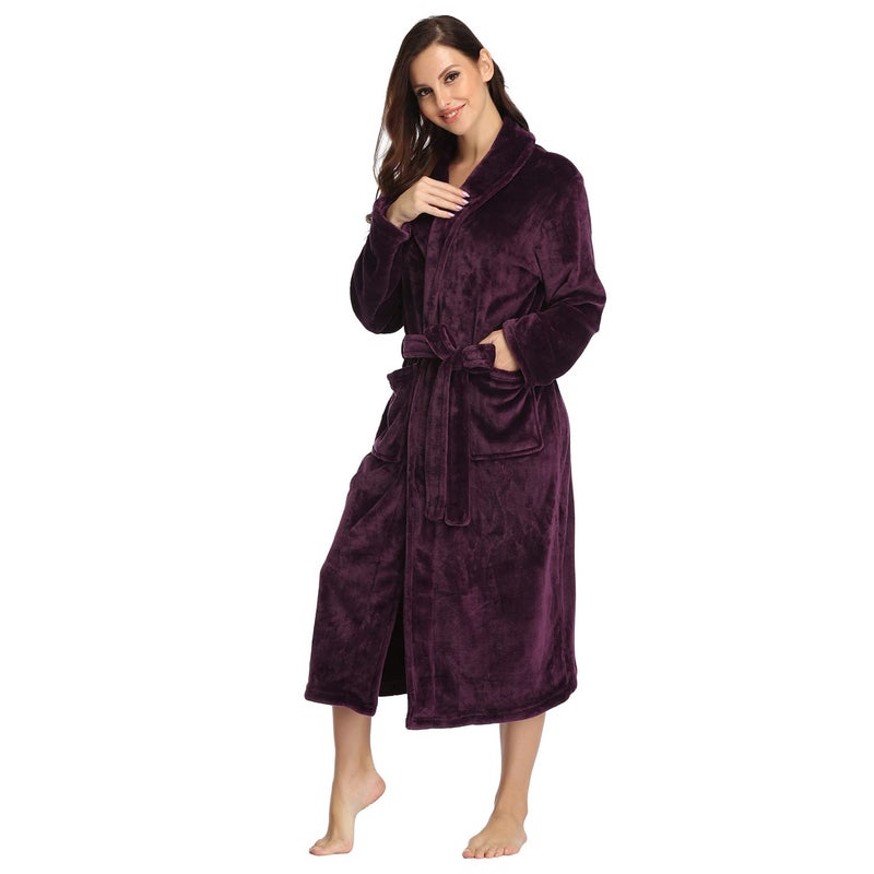 RONGTAI Womens Bathrobe Ladies Fleece Plush Warm Long Robes (Large,Dark Purple) - Image 3